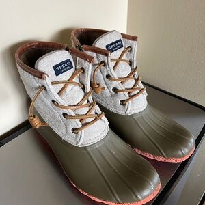 Sperry Olive and Tan Duck Boots